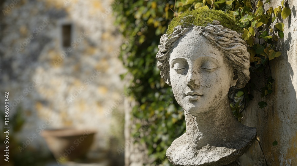 Weathered Stone Sculpture in Garden Setting Weathered Stone Sculpture in Garden Setting