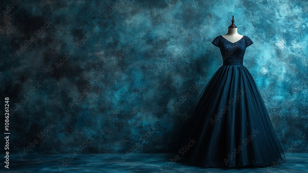 Elegant dark blue ball gown on a mannequin against a textured backdrop. Elegant dark blue ball gown on a mannequin against a textured backdrop.