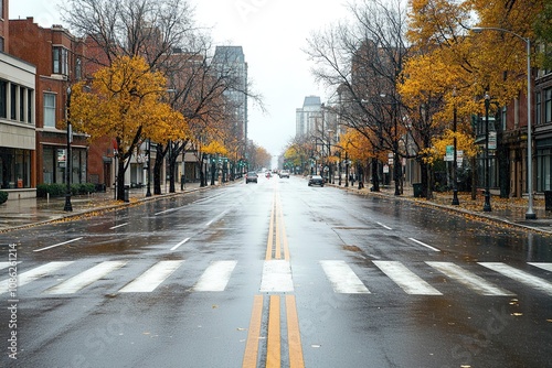 A deserted city street on a rainy autumn day with yellow leaves on the trees.