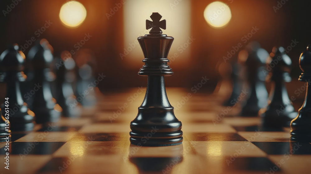 black king stands proudly at center of chessboard, surrounded by other black pieces, symbolizing victory and strategy in game of intellect and skill black king stands proudly at center of chessboard, surrounded by other black pieces, symbolizing victory and strategy in game of intellect and skill