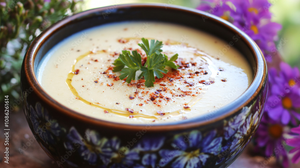A bowl of pumpkin soup with a topping of feta cheese and a sprinkle of sunflower seeds. A bowl of pumpkin soup with a topping of feta cheese and a sprinkle of sunflower seeds.