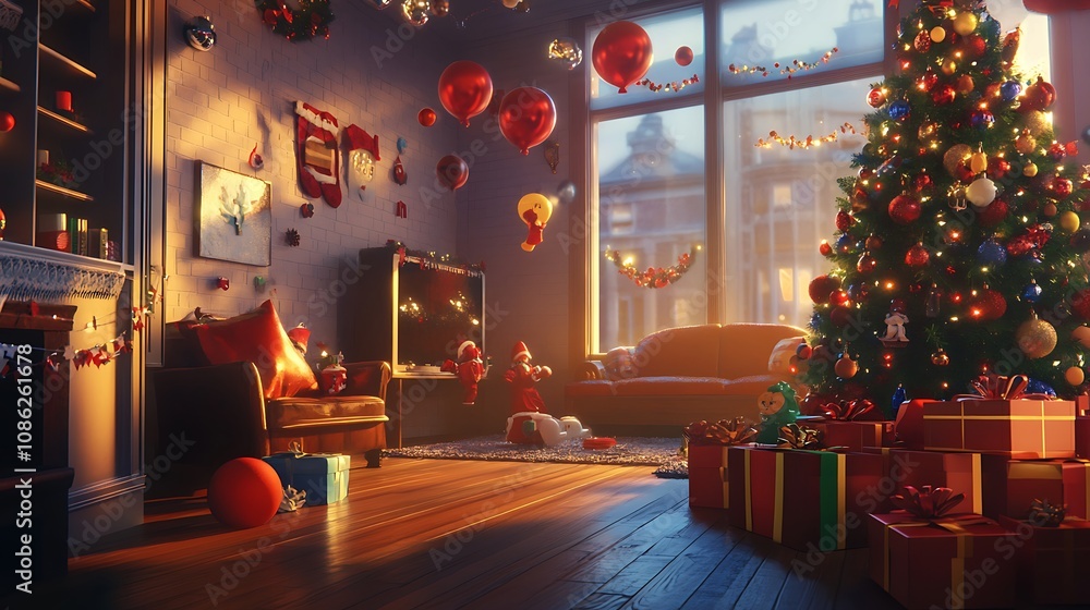 Christmas morning living room scene Christmas morning living room scene