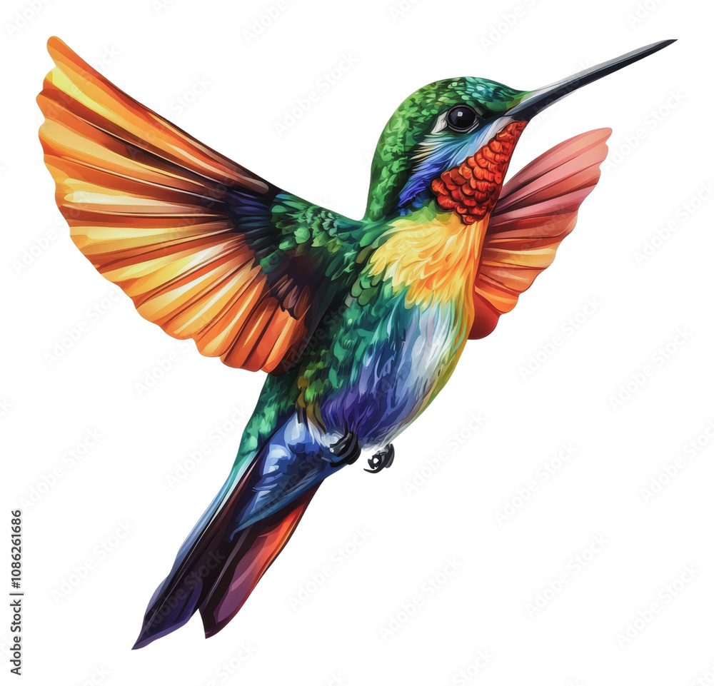 PNG Colorful hummingbird flying over vibrant flowers PNG Colorful hummingbird flying over vibrant flowers