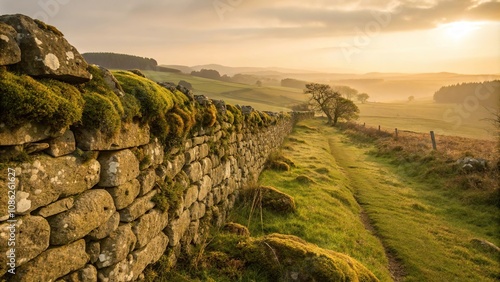 An ancient stone wall covered in moss and lichen with a golden glow, golden background, natural growth, mystical atmosphere, earthy feel, weathered stones photo