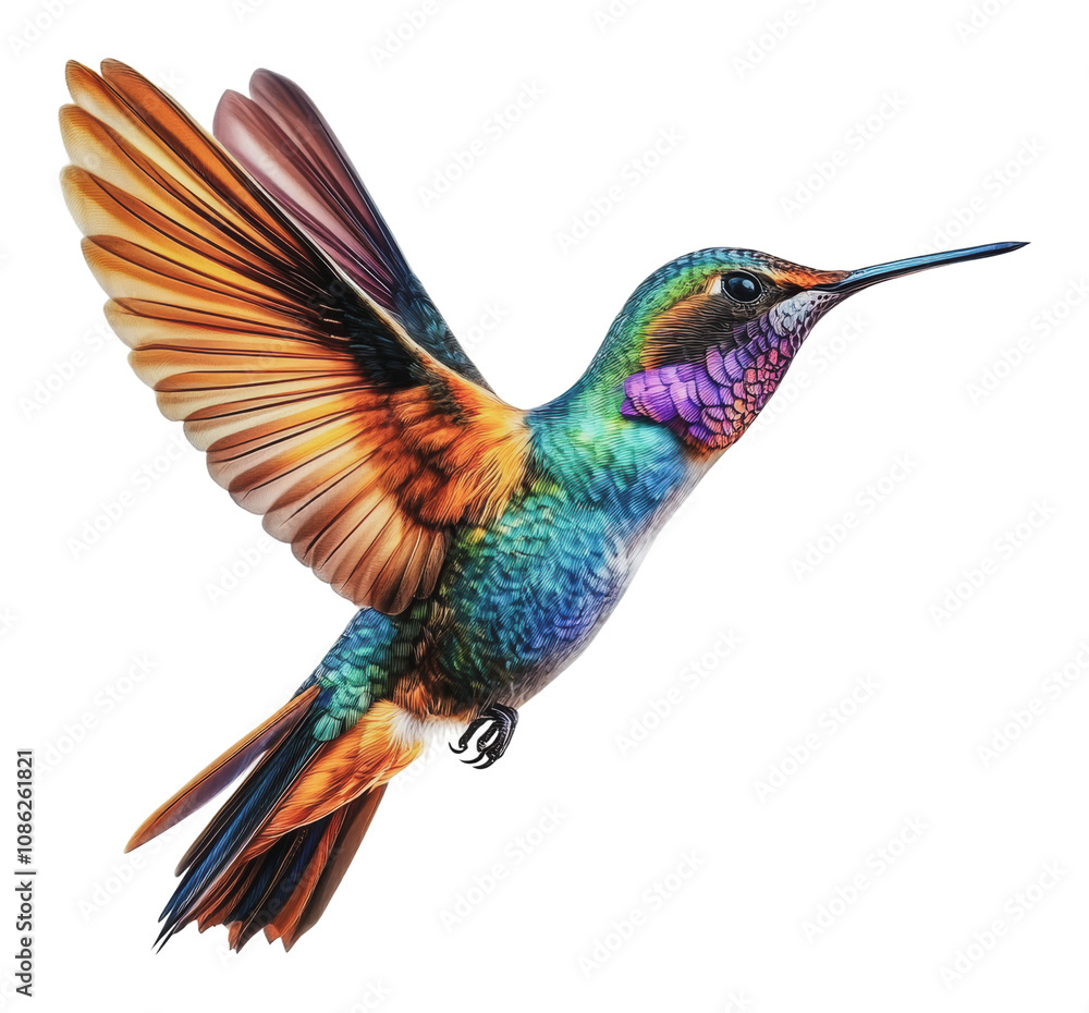 Fototapeta premium PNG A vivid hummingbird hovering above vibrant flowers