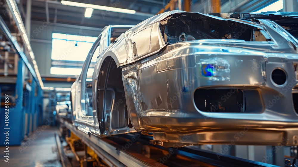 Automated robotic arms are assembling car bodies in modern factory setting, showcasing advanced manufacturing technology and precision engineering Automated robotic arms are assembling car bodies in modern factory setting, showcasing advanced manufacturing technology and precision engineering