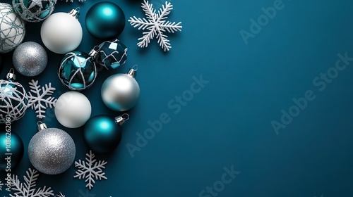 Blue and Silver Holiday Background with Snowflakes and Glittering Ornaments