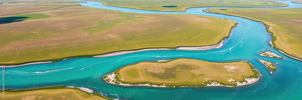 Obraz premium aquamarine river winding through emerald plain, flowing water, blue water, vegetation