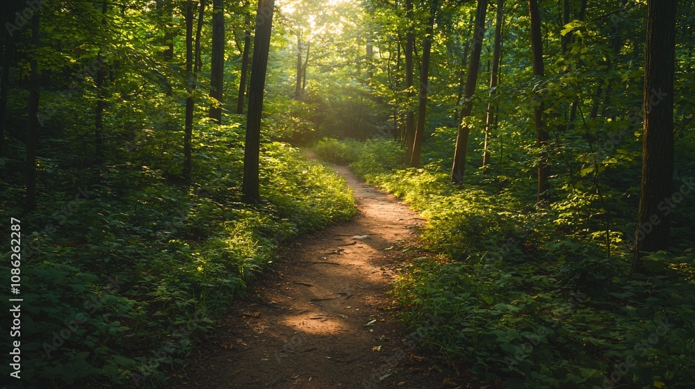 Fototapeta premium Serene Forest Pathway Bathed in Soft Morning Light