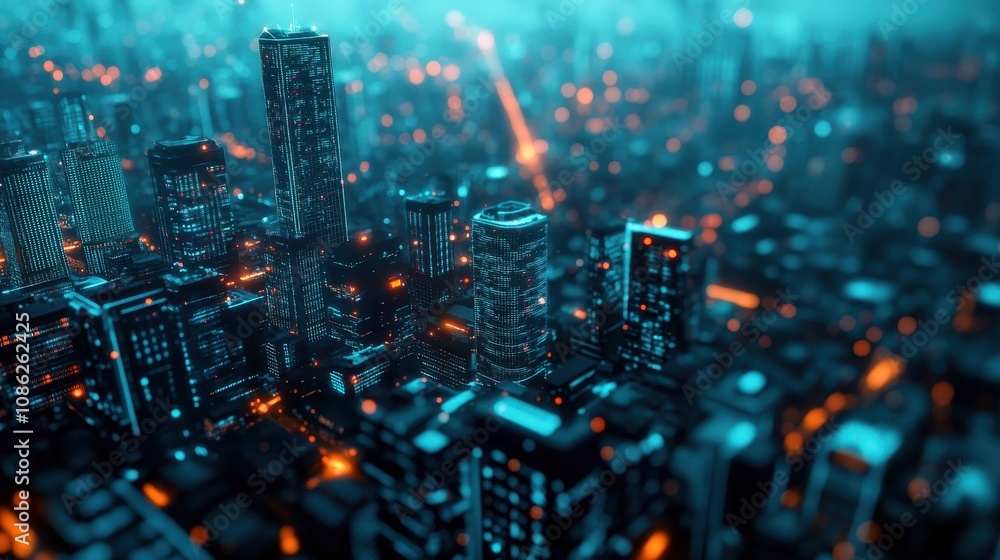 Fototapeta premium A captivating aerial view of a modern cityscape illuminated at night, showcasing towering skyscrapers and vibrant lights.