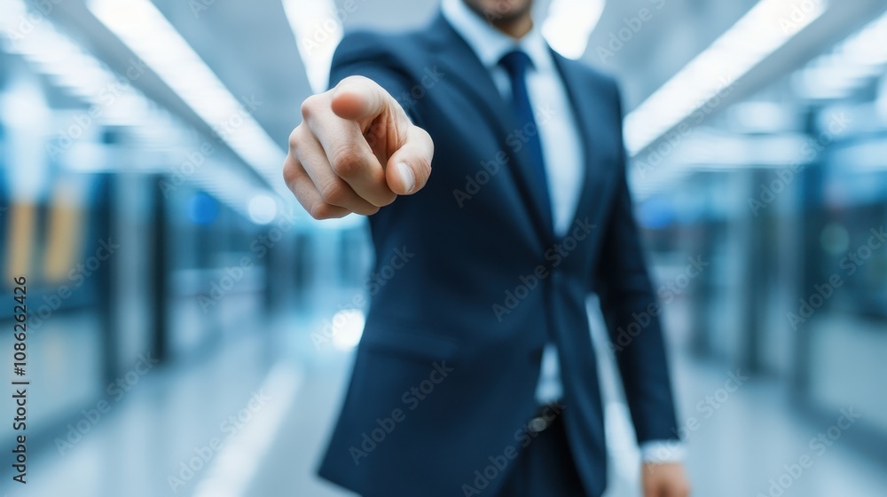 A business professional pointing decisively, conveying authority and leadership in a modern office environment. A business professional pointing decisively, conveying authority and leadership in a modern office environment.
