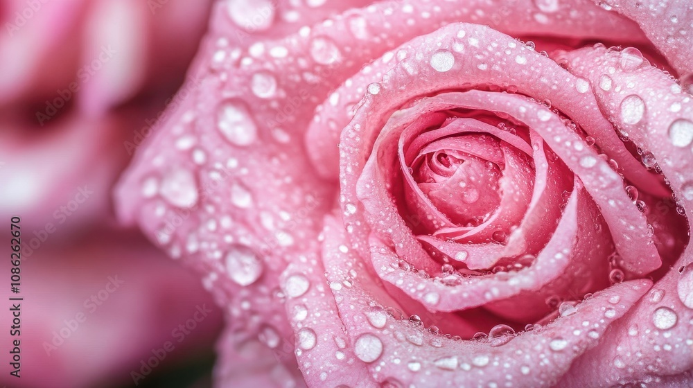 A close-up view of a pink rose adorned with glistening water droplets, symbolizing beauty and freshness in nature. A close-up view of a pink rose adorned with glistening water droplets, symbolizing beauty and freshness in nature.