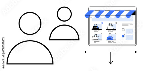 Two user icons next to a digital storefront with products displayed in a shopping cart interface. Ideal for online shopping, e-commerce, user management, digital marketing, product sales, web design