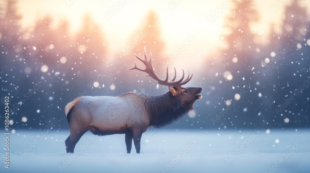 A majestic elk stands in a snowy landscape, surrounded by soft snowfall and trees, capturing the serenity of winter's beauty. A majestic elk stands in a snowy landscape, surrounded by soft snowfall and trees, capturing the serenity of winter's beauty.
