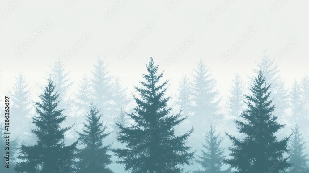 Obraz premium Misty forest landscape with layered evergreen trees.