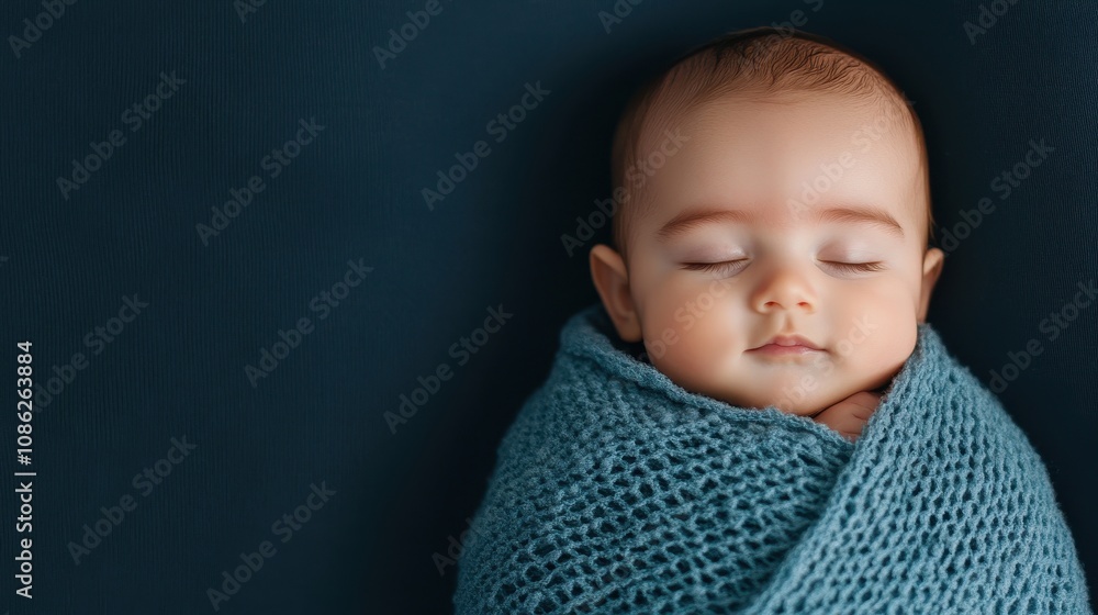 A peaceful sleeping baby wrapped in a cozy blue blanket, radiating warmth and tranquility in a serene setting. A peaceful sleeping baby wrapped in a cozy blue blanket, radiating warmth and tranquility in a serene setting.