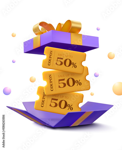 3d golden minimal coupons inside a opened collapsed luxury gift box, isolated on white background. Purple gift voucher with coupon code for discount event. 3d premium gift voucher vector. Vector