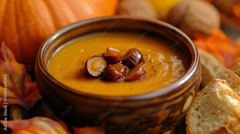 A bowl of pumpkin soup with roasted chestnuts and a dash of cinnamon, served with a slice of whole-grain bread. A bowl of pumpkin soup with roasted chestnuts and a dash of cinnamon, served with a slice of whole-grain bread.