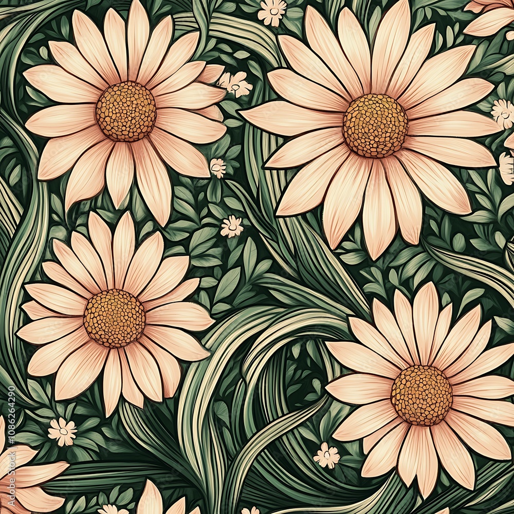 A Seamless Pattern of Large Pink Flowers and Green Foliage A Seamless Pattern of Large Pink Flowers and Green Foliage