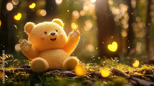 Wallpaper Mural A cute, fluffy teddy bear sits in a sunlit forest, surrounded by glowing heart-shaped lights, creating a warm, cheerful atmosphere. Torontodigital.ca