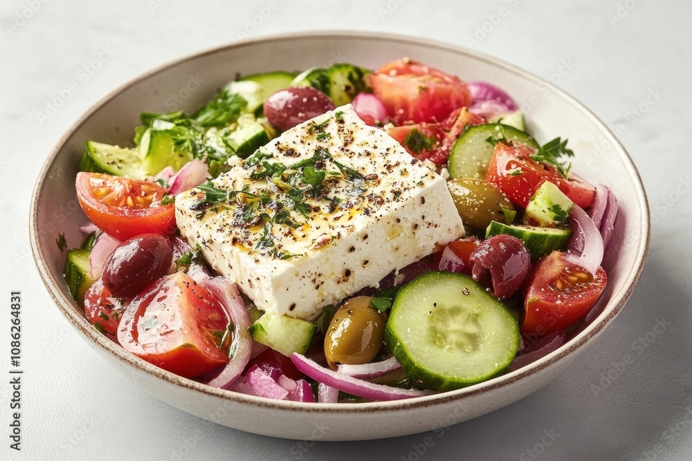 Classic Greek Salad with Feta Cheese, Olives, Cucumber, Tomatoes, Red Onions, and a Light Mediterranean Dressing Classic Greek Salad with Feta Cheese, Olives, Cucumber, Tomatoes, Red Onions, and a Light Mediterranean Dressing
