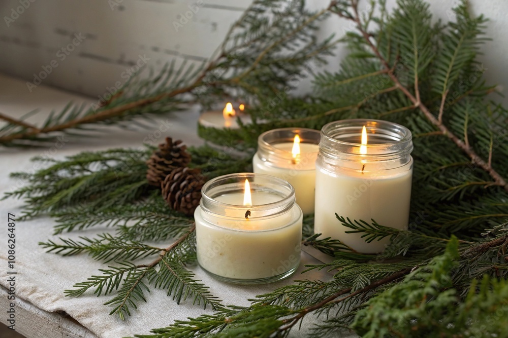 Candles in apothecary jars surrounded by evergreen, apothecary jars, holiday decor Candles in apothecary jars surrounded by evergreen, apothecary jars, holiday decor