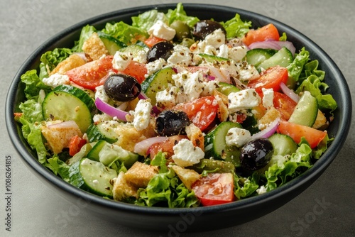 Classic Greek Salad with Feta Cheese, Olives, Cucumber, Tomatoes, Red Onions, and a Light Mediterranean Dressing