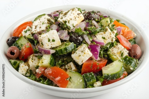 Classic Greek Salad with Feta Cheese, Olives, Cucumber, Tomatoes, Red Onions, and a Light Mediterranean Dressing