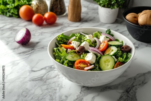 Classic Greek Salad with Feta Cheese, Olives, Cucumber, Tomatoes, Red Onions, and a Light Mediterranean Dressing