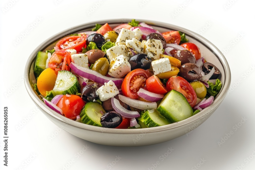 Classic Greek Salad with Feta Cheese, Olives, Cucumber, Tomatoes, Red Onions, and a Light Mediterranean Dressing Classic Greek Salad with Feta Cheese, Olives, Cucumber, Tomatoes, Red Onions, and a Light Mediterranean Dressing