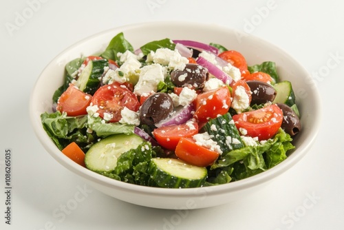 Classic Greek Salad with Feta Cheese, Olives, Cucumber, Tomatoes, Red Onions, and a Light Mediterranean Dressing