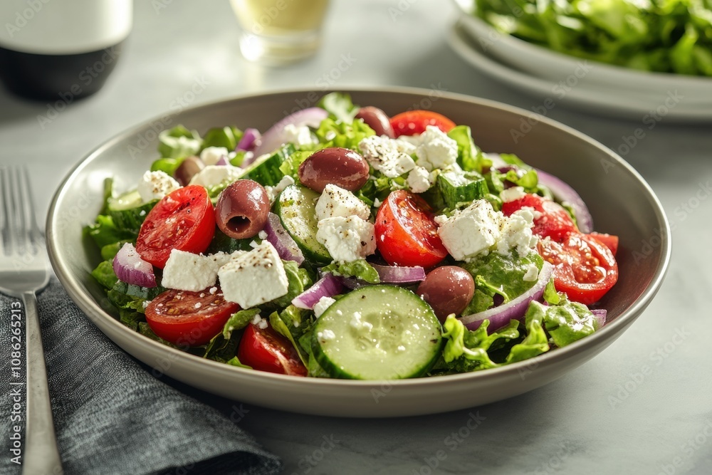Classic Greek Salad with Feta Cheese, Olives, Cucumber, Tomatoes, Red Onions, and a Light Mediterranean Dressing Classic Greek Salad with Feta Cheese, Olives, Cucumber, Tomatoes, Red Onions, and a Light Mediterranean Dressing