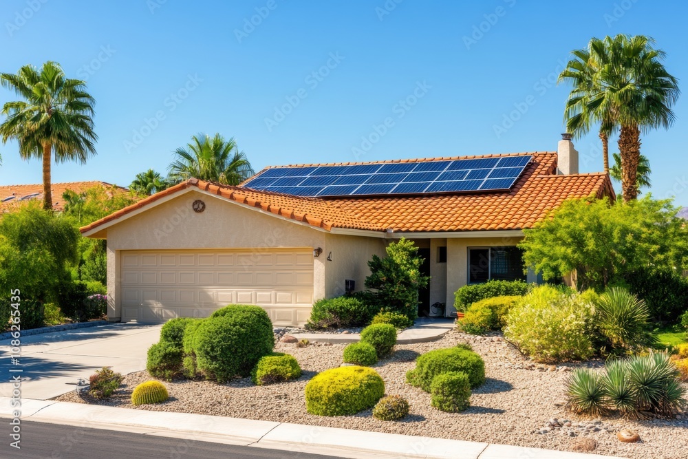 Single-Story Suburban House with Beige Exterior, Red-Tiled Roof, and Solar Panels Installed, Capturing Modern Eco-Friendly Living
Single-Story Suburban House with Beige Exterior, Red-Tiled Roof, and Solar Panels Installed, Capturing Modern Eco-Friendly Living