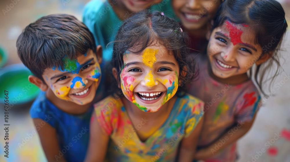 Smiling children with colorful faces enjoy painting together, showcasing joy and creativity. Their vibrant expressions reflect happiness and fun of artistic play Smiling children with colorful faces enjoy painting together, showcasing joy and creativity. Their vibrant expressions reflect happiness and fun of artistic play