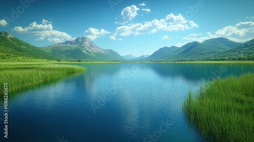 Serene lake surrounded by mountains and lush greenery under blue skies.