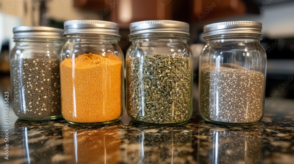 Four glass jars filled with various seeds, including pumpkin, hemp, and chia, sit on a kitchen countertop, showcasing healthy ingredients. Generative AI Four glass jars filled with various seeds, including pumpkin, hemp, and chia, sit on a kitchen countertop, showcasing healthy ingredients. Generative AI