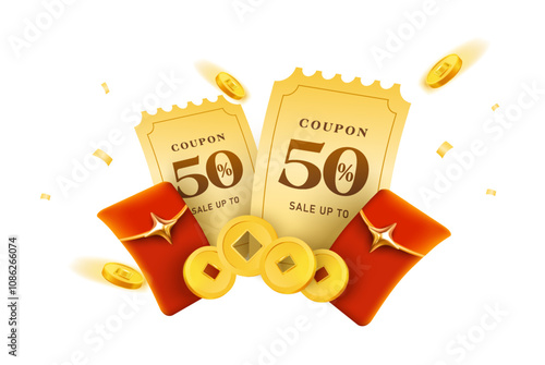 3d golden coupons with red lucky money envelopes, golden coins flying around, isolated on white background. Giveaway Gift voucher cash back with coupon codes in 3d vector. Vector illustration