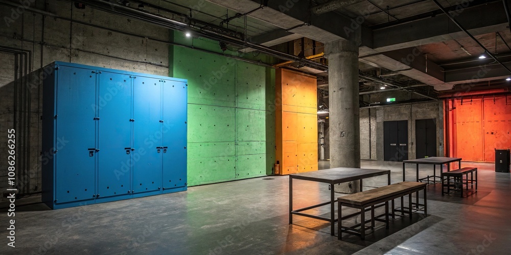 Obraz premium Colorful concrete walls in a dimly lit room with industrial furniture, urban chic, unique ambiance, modern decor