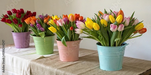 Wallpaper Mural Colorful arrangement of potted tulips on a rustic tablecloth, easter decor, holiday ambiance, potted tulips, colorful arrangements Torontodigital.ca