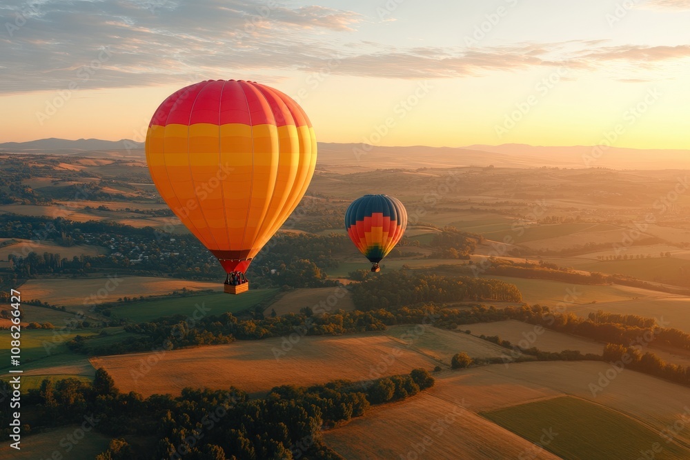 Fototapeta premium Hot Air Balloons Soar at Sunrise Over Golden Fields
