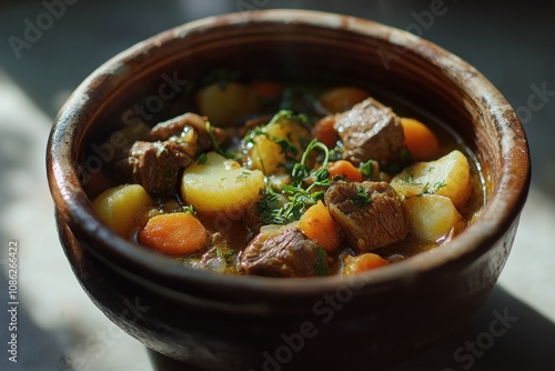 Hearty Beef Stew with Tender Chunks of Beef, Carrots, Potatoes, and Fresh Herbs, Served in a Rustic Ceramic Bowl