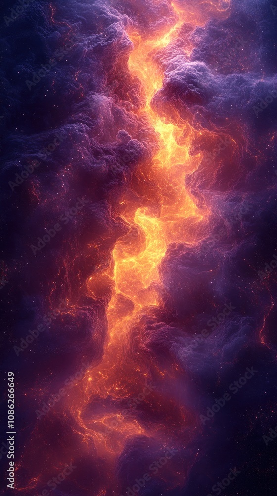 A vibrant cosmic scene with swirling orange and purple clouds. A vibrant cosmic scene with swirling orange and purple clouds.
