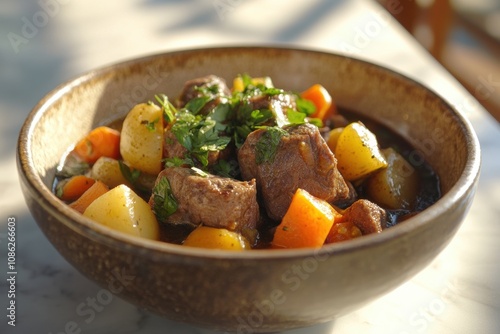 Hearty Beef Stew with Tender Chunks of Beef, Carrots, Potatoes, and Fresh Herbs, Served in a Rustic Ceramic Bowl