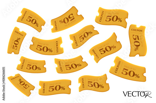 3d unlimited flying golden coupons with percent price off, coupon code, isolated on white background. Flying giveaway gift vouchers banner template. 3d coupon vector. Vector illustration