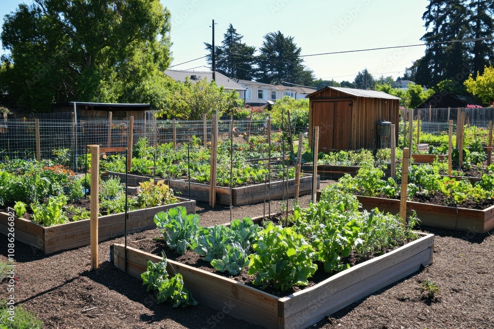 A simple wire fence enclosing a community garden with raised beds, thriving plants, and a communal shed, fostering a sense of collaboration and shared growth. A simple wire fence enclosing a community garden with raised beds, thriving plants, and a communal shed, fostering a sense of collaboration and shared growth.