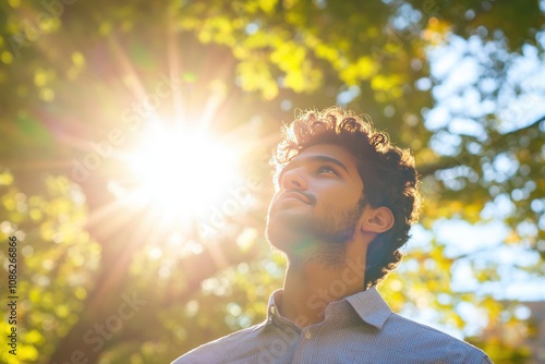 Young man looking up into the sunlight in a lush green forest, capturing a serene moment of reflection, nature, and peacefulness.