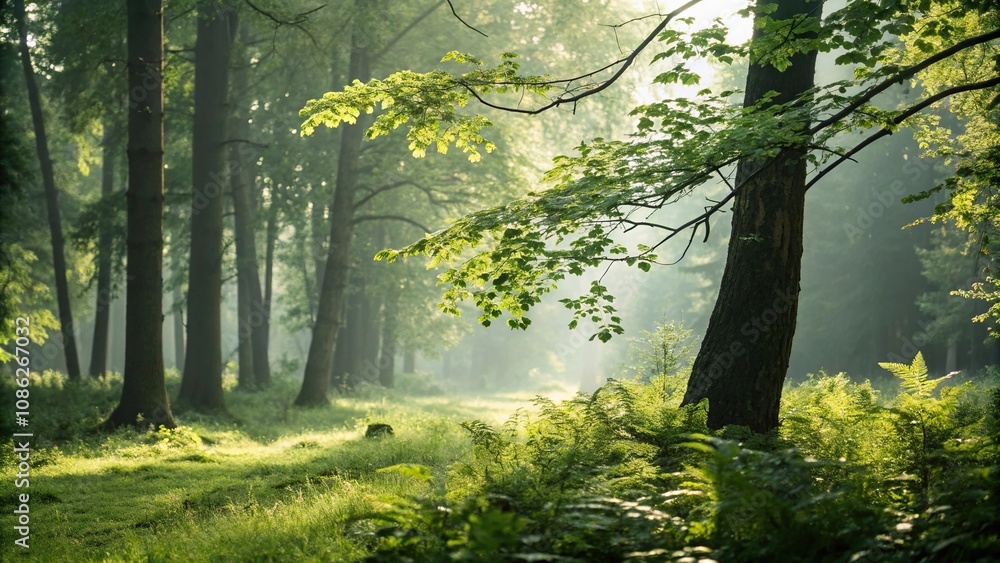 Dappled sunlight and soft focus capturing a serene scene in a green forest, forest ambiance, nature imagery, woodland setting Dappled sunlight and soft focus capturing a serene scene in a green forest, forest ambiance, nature imagery, woodland setting