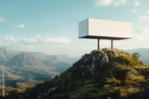 Blank billboard atop a majestic mountain peak, overlooking a serene valley. Advertise your brand here. photo