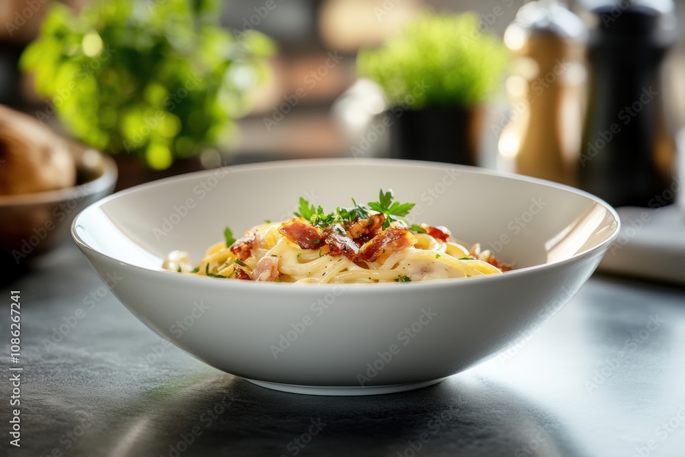 Classic spaghetti carbonara served in a white bowl, featuring a creamy sauce, crispy pancetta, grated Parmesan cheese, and fresh black pepper, creating a delicious Italian pasta dish perfect for lunch Classic spaghetti carbonara served in a white bowl, featuring a creamy sauce, crispy pancetta, grated Parmesan cheese, and fresh black pepper, creating a delicious Italian pasta dish perfect for lunch