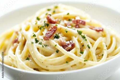 Classic spaghetti carbonara served in a white bowl, featuring a creamy sauce, crispy pancetta, grated Parmesan cheese, and fresh black pepper, creating a delicious Italian pasta dish perfect for lunch